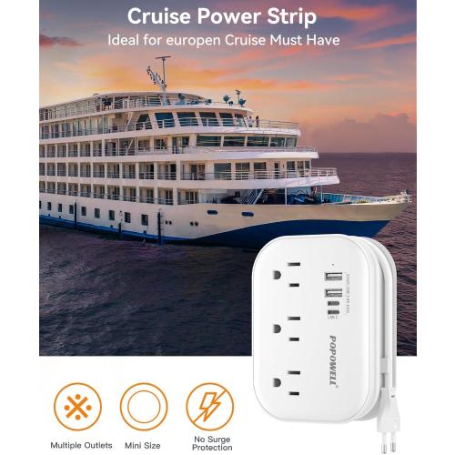 European Plug Adapter,EU/UK/US Travel Power Strip with 3 Outlets & 4 USB Ports(3.4A), International Power Adapter with 3 FT Extension Cord Compact for US to EU UK Germany Italy France Cruise