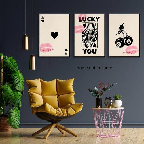 LYPHNX Trendy Ace of Spades Poster Wall Art Vintage Poker Queen Luck You Prints Black 8 Ball Cherry Set of 3 Wall Decor Kiss Lips Preppy Coquette Painting Picture for Bedroom Dorm 16x24 Unframed