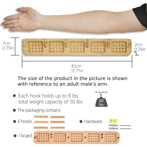 Coat Rack Wall Mount, Rattan Coat Hooks Hanger Wall Mounted, 6 Heavy Duty Bamboo Hooks Rack Rail for Hanging Clothes Hats Bags Robes Towels Plants, White (Natural)