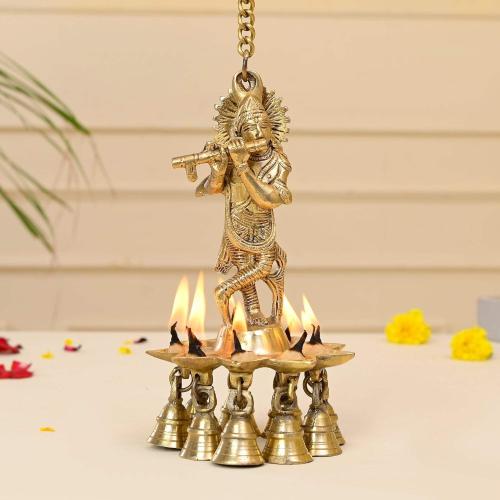 LOVENSPIRE Brass Krishna Wall Hanging Diya with Bells & Chain Krishna Hanging Idol Oil Lamp Home Temple Mandir Office Diwali Decor Kathu Vilakku Puja Diyas - Deepawali Housewarming Return Gifts