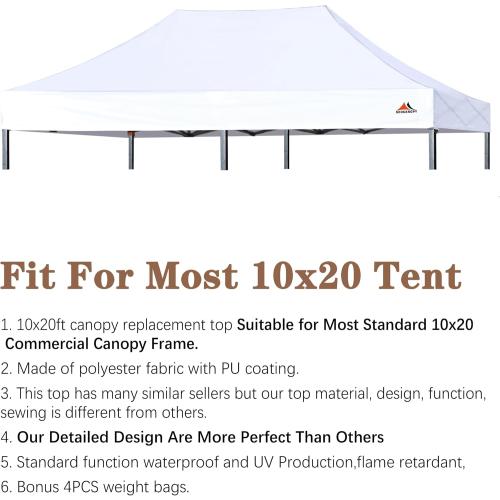 SCOCANOPY White Commercial 10x20 Canopy Replacement Top | Canopy Cover ONLY,Bonus 4 Pack Weight Bag, Quality, Fit, Durable, Waterproof and Sunpoof and Pure White Commercial Cover