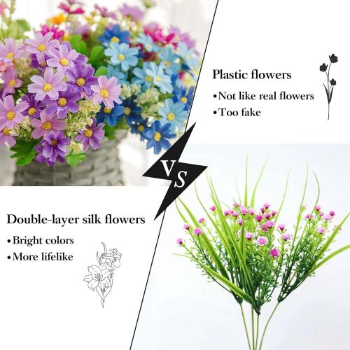 6 Bundles Outdoor Artificial Flowers for Decoration,Silk Flowers UV Resistant Fake Flowers No Fade Faux Flowers Bouquet Hanging Plants for Indoor Outside Farmhouse Home Garden Rainbow Daisy Mums