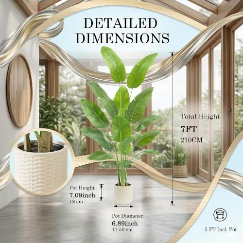 Artificial Bird of Paradise Plant：7FT Tall Fake Traveler’s Palm Tree | Faux Banana Tree Elephant Ear Leaf Silk Floor Plant in White Pot for Home Decor Indoor Office Entryway Balcony Patio café