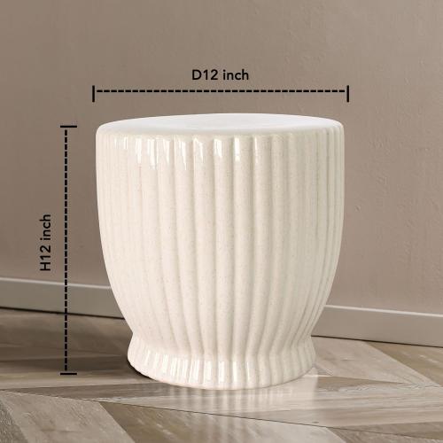 Color White Ceramic Decorative Garden Stool: Cream Stool Striped Drum Shape for Indoor Outdoor Decor - Ceramic Tabouret for Living Room Patio Front Porch Bathroom