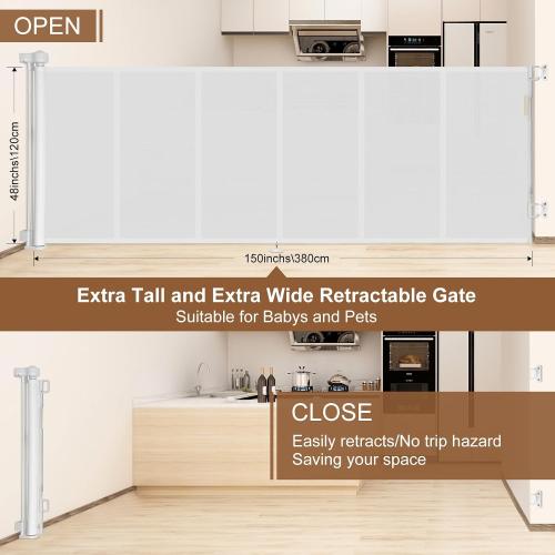 Upgraded 150 inch Retractable Baby Gates Extra Wide with Reinforced Strip Design to Prevent Crawling Through, 48 Extra Tall Retractable Gates, 12 FT Retractable Dog Gate for Indoor/Outdoor