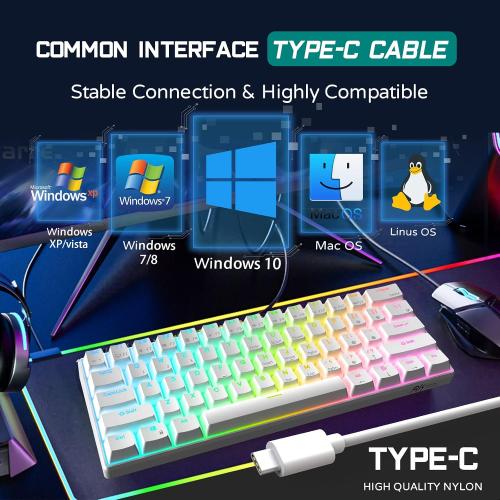 RK ROYAL KLUDGE RK61 Wired 60% Mechanical Gaming Keyboard Programmable QMK/VIA RGB Backlit 61 Keys Ultra-Compact Hot Swappable Red Switch White