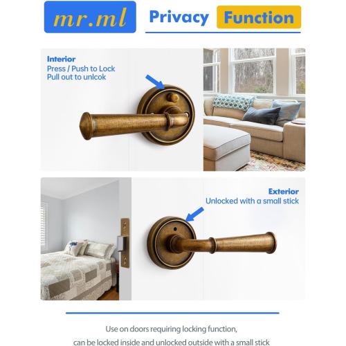 Door Handle Antique Brass Retro Privacy Vintage Door Lever, 1 Pack | Interior Bedroom Bathroom Room DoorHandle, Aluminium Alloy Handle Lever