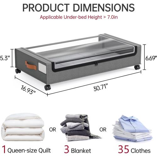 Yecaye Under Bed Storage with Wheels, 2 Pack Under Bed Storage Containers, Large Under Bed Rolling Storage with Clear Window & Label, Bedroom Storage Organizer for Clothes, Shoes, Books, Blankets