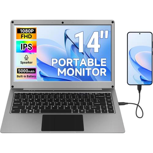 Portable Monitor with Keyboard,14inch 1080P FHD Lapdock Compatible with Raspberry Pi/Mini PC/Phone/PC/Game Console,CrowView Note Built-in Battery with RPi5 Adapter(Full TypeC & HDMI Cable Included)