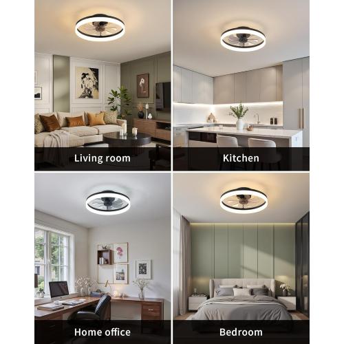 PUSU 15.8 Low Profile LED Ceiling Fans with Light, Reversible Flush Mount with Remote and 6 Winds Speeds Fan Lighting, 3 Colors Dimmable for Bedroom, Garage, Kids, Dinning Room, Kitchen (Black)