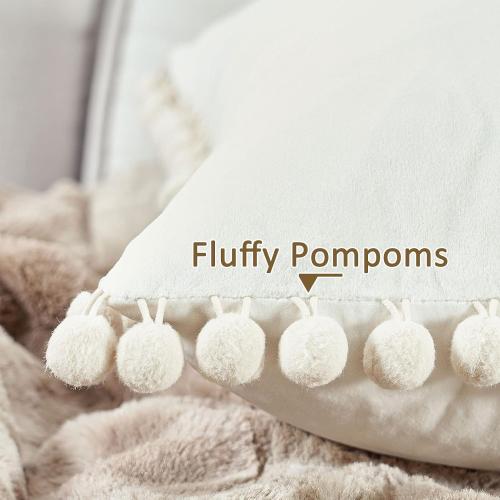 Topfinel Decorative Throw Pillow Covers 18x18 Set of 2, Cream White Couch Square Pillow Covers for Sofa Bed, Soft Velvet Cushion Covers with Pom Poms for Livingroom Bedroom Modern Home Decor