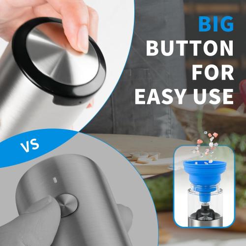 2 pack Automatic Rechargeable Electric Salt and Pepper Grinder Set Stainless Steel Shakers Mill Pepper Grinder Set for Kitchen with LED Large Button Adjustable Coarseness USB With Dual Eco-Friendly Wood Base