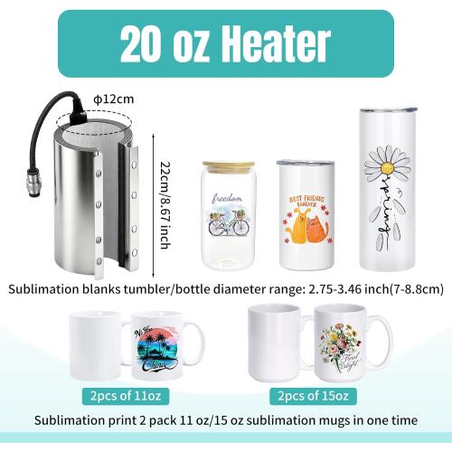 ColorSub 3 in 1 40 OZ Tumbler Heat Press Machine 110 V 20 OZ Mug Press Sublimation Machine for Sublimation 40 OZ Tumbler with Handle Straight Tumblers Bottles Mugs Glass Cup Printing Teal