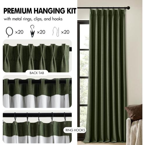 MIULEE Olive Green Pinch Pleated 100% Blackout Linen Curtains 96 Inch Length 2 Panels Set, Black Out Memory Trained Pleat Curtains Light Blocking Room Darkening Drapes for Bedroom Living Room Window