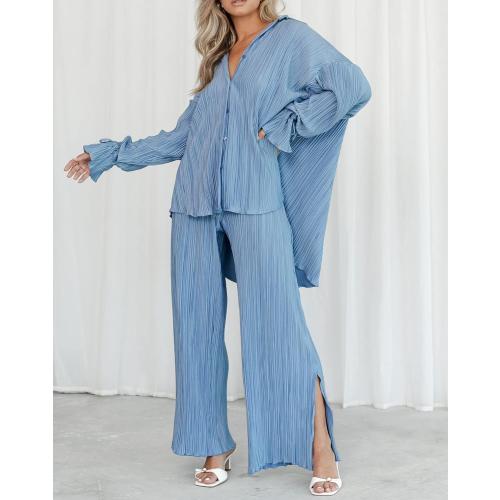 NUFIWI Women Large Pleated 2 Piece Pants Outfits Casual Loose Button Shirt Blouse Top Long Wide Leg Palazzo Pants Set Jumpsuit