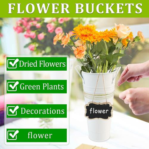 8 Pcs Galvanized Flower Bucket,Metal Vases for Flowers 10 Inch High,Flower Buckets for Flower Bar,Flower Bar Buckets Set Including Metal Flower Buckets,Liquid Chalk,Wooden Chalkboard,Hemp Rope