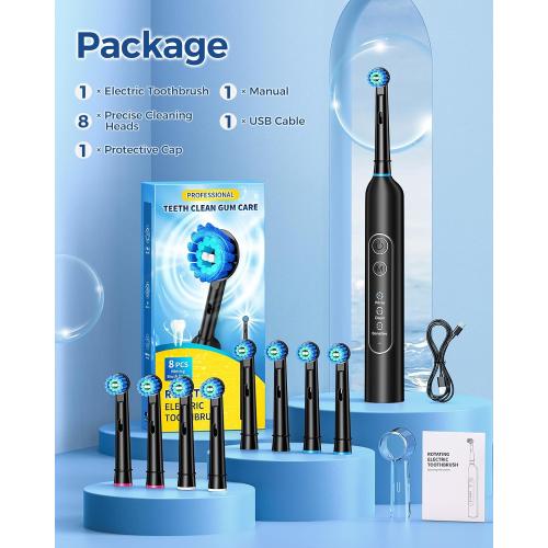 Rotating Electric Toothbrush for Adults with 8 Brush Heads, Sensitive Gum Care Electric Toothbrush with 3 Modes and 2 Min Smart Timer, Rechargeable Last 60 Days