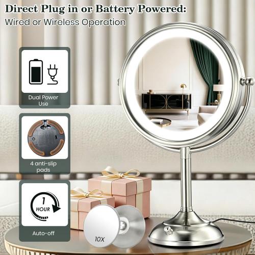 VESAUR 11.8 Extra Large 17 Tall Lighted Makeup Mirror, 1X/5X/10X 3-Sided Magnifying Mirror with 96 LEDs, 3 Color Dimmable Lights, 360° Swivel Dual Power Vanity Mirror, Nickel Finish Luxury Gift Box