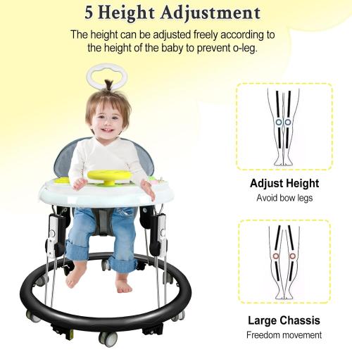 Foldable Baby Walker for Boys and Girls, 5-in-1 Baby Walker with Wheels, Adjustable Height Toddler Activity Walker with Music Tray, Detachable Seat and Mute Anti-Rollover Baby Walkers for 8-24 Months
