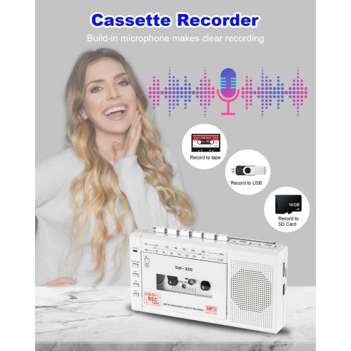 Portable Cassette Tape Player to Digital Converter via USB/SD Card, Record to Cassette/U Disk/SD Card via Mic, Power by AC or AA Battery, Portable Cassette Recorder with Speaker and Headphone Jack