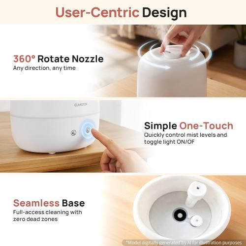 Clarston Humidifiers for Bedroom, 2L Cool Mist Humidifier, 24dB Quiet Sleep