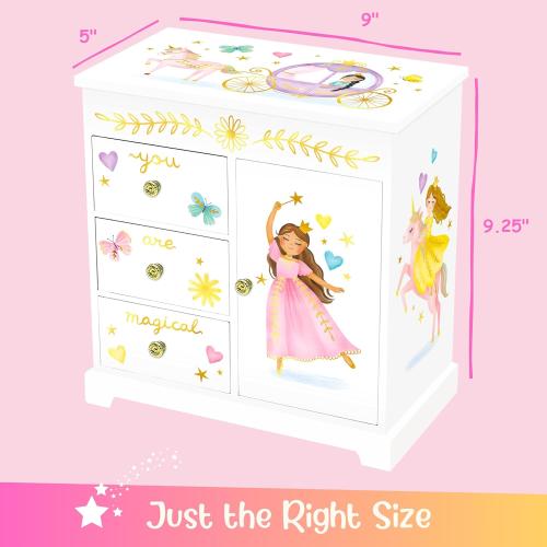 Giggle & Honey Princess Musical Jewelry Box for Girls - Kids Music Box with Drawers, Fairytale Gifts for Girls Birthday, Princess Jewelry Boxes for Ages 3-10 - 9 x 5 x 9.3 in, White