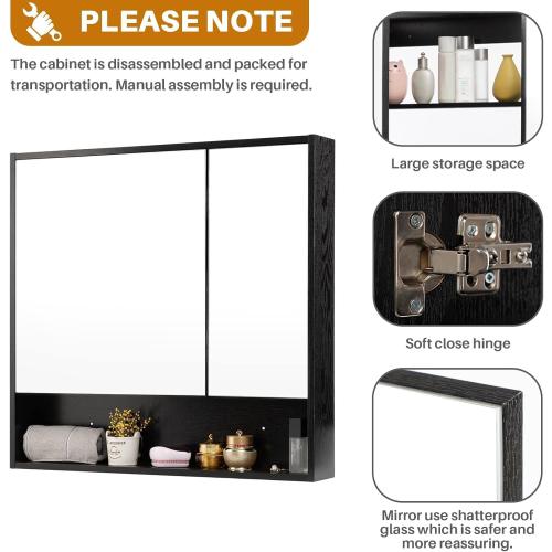 ALIMORDEN Medicine Cabinet with Mirror and Shelves, Oversized Bathroom Wall Storage Organizer Over The Vanity, Toilet, Recessed or Surface Mount, 30.4 L x 29.5 H, Black