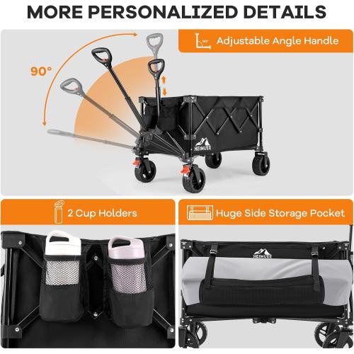 Heimuee...220Lbs... Wagon Cart Foldable, Heavy Duty Collapsible Utility Wagon with 220lbs Capacity, All-Terrain Beach Wheels, Portable Garden Cart for Camping, Sports, Outdoor, Shopping, Black