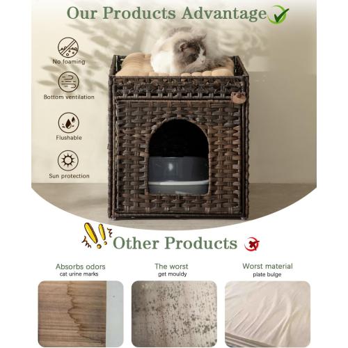 SETVSON Cat Litter Box Enclosure Furniture, Hidden Litter Box with Mat and Fence, Handwoven Rattan Cat House with Two S-Shaped Hooks for Living Room, Bedroom, 18.5 x 20.5 x 19.1 Inches (Brown)