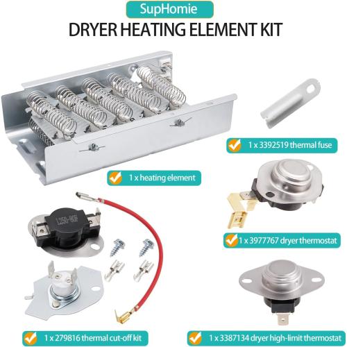 Dryer Heating Element Kit Fit for Whirlpool LER4634EQ1 LER4634EQ2 LER4634JQ1 LER4634PQ0 LER4634PQ1 LER5620KQ1 LER5636EQ3 LER5636EQ2 LER3624EQ1 LER3624EQ0 LER3624JQ0 LER3624JQ1 LER4624DQ1 etc