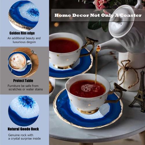 Set of 4 Color Blue Blue Agate Coasters Set of 4,Brazilian Geode Coasters for Drinks with Gold Rim(4-3.5),Natural Gem Stone Coasters Blue,Gemstone Cup Mat for Home Decor by Yougoals(4)