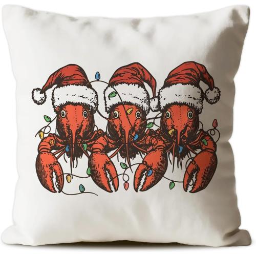 Christmas Beach Lobster Pillow Covers 18x18, Lobster Lover Gifts, Coastal Christmas Santa Hat Crawfish Decorative Throw Pillow Covers for Couch Sofa Bedroom Living Room Home