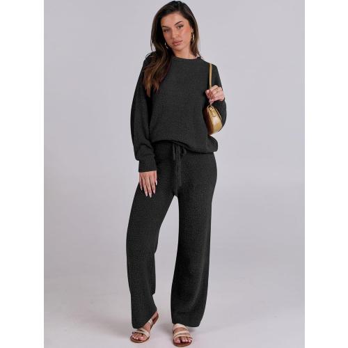 ANRABESS Women's Fuzzy  Pajama Sets 2 Piece Outfits Long Sleeve Top Wide Leg Pants Lounge Matching Set 2025 Fall Winter size XS