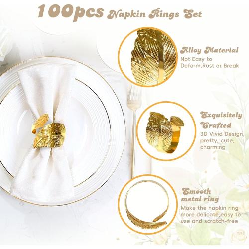 Gold Napkin Rings Set of 100, Gold Napkin Ring Table Decor, with Their Elegant Gold Leaf Design, are Perfect for Valentine, Easter, Dinner Parties. They Make an Excellent Gift for Your Host