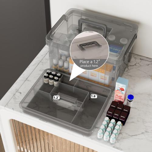 15qt Multi-Color Clear Medicine Organizer Storage Box (with Tray) - Thickened Plastic Empty First Aid Case   Handle | Portable Multipurpose Medical Caddy (Gray)