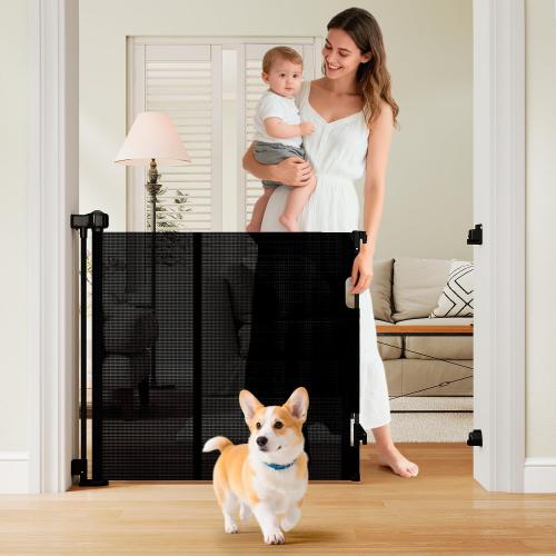 Miumoon One-Hand Operation Retractable Baby Gates, 150 inch Retractable Gate with Reinforced Strip Design to Prevent Crawling Through, 12 FT Extra Wide Retractable Dog Gate for Indoor/Outdoor