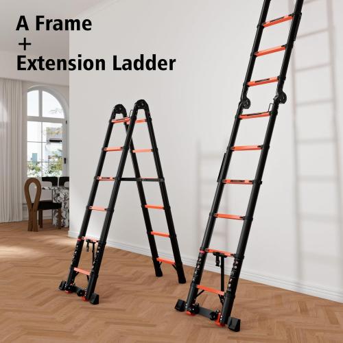 Size 16.5 Color orange Aluminum Telescoping Ladder, 16.5FT, 65 Steps, Orange, 330lbs Max Capacity, Meets EN131 Standard