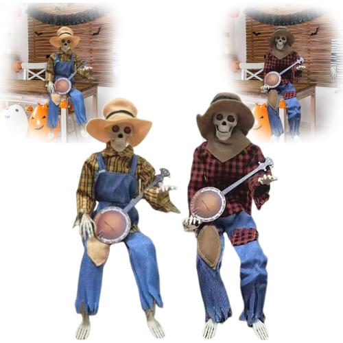 Color Red and yellow plaid Halloween Banjo Playing Skeletons - Dueling Poseable Skeletons with Light, Red & Yellow