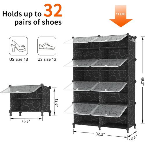 AWTATOS Shoe Rack, 8 Tier Shoe Storage Cabinet with Door, 32 Pair Shoe Organizer Shelves for Closet Hallway Bedroom Entryway, Black