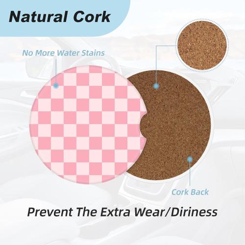 Pink Checkered Car Coasters for Cup Holders,2 Pack Car Cup Holder Coasters for Car,Ceramic Absorbent Car Coaster with A Finger Notch and Cork Base,Car Interior Accessories for Women Men
