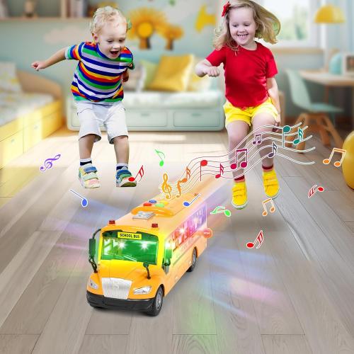 Yellow School Bus Toys for Toddlers 1-3 with 4 Different Flashing Lights & Sound, Back and Side Doors Open Friction-Powered Wheels Light Up Toy Buses Birthday Gift 2 3 4 Year Old and Up Girl Boy Toys