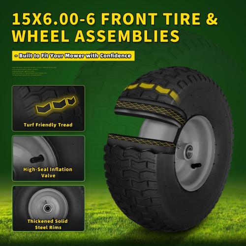 2 PCS 15x6.00-6 Lawn Mower Tires and Wheel, Tire Assembly Replacement for Riding Lawn Mower Front Tires, 3/4 Bearing, 3 Centered Hub, 4 Ply Pneumatic