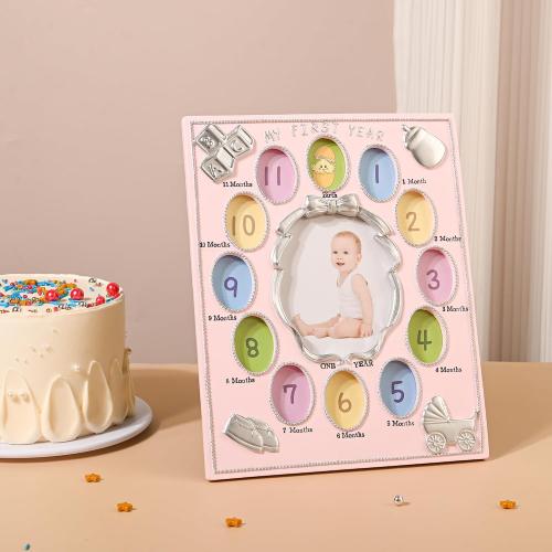 My First Year Photo Frame – Baby's Monthly Milestone Memory Display | Classic Baby Picture Frame Keepsake for Boys & Girls | 12 Monthly Photo Slots in Pink | Nursery Wall Décor