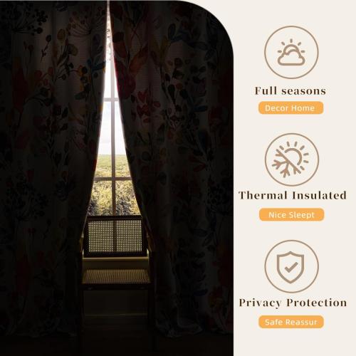 Boho Floral 100% Blackout Curtains  2 Panels Set Grommet Watercolour Flower Bohemian Pattern Black Out Thermal Insulated Drapes Window Treatment for Bedroom Living Room