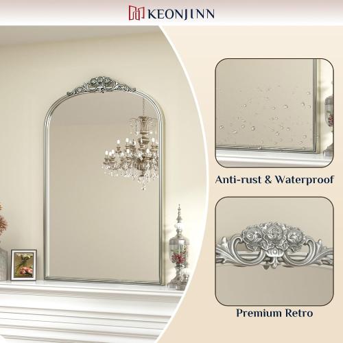 Keonjinn Vintage Mirror 24 x 36, Antique Mirrors for Wall Decor, Silver Arched Decorative Mirror for Mantle, Hallway, Living Room, Fireplace, Bedroom, Bathroom Mirror with French Cleat Mounting