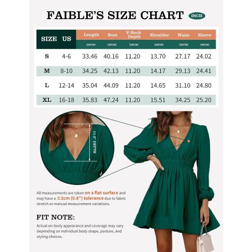 Size/M FAIABLE Mini Deep V Sexy Long Sleeve Dress for Women A-line High Waisted Casual Flowy Dress for Cocktail Wedding Guest