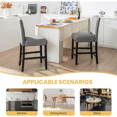 Size 17.5” x 21” x 41” Set of 2 Color Grey COSTWAY Bar Stools Set of 2, Linen Upholstered Counter Height Chairs with Solid Rubber Wood Legs, 25” Kitchen Island Wood Bar Chairs with Nail Heads Decorations, for Kitchen, Bistro, Café (2, Grey)