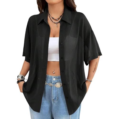 Women 2XL Mesh Button Down Top Half Sleeve Collared Shirt Blouse