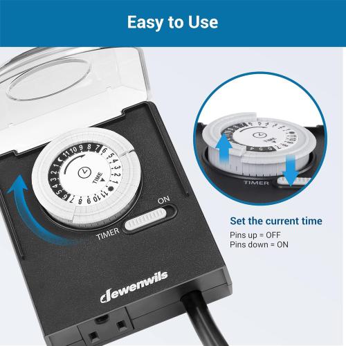 DEWENWILS 24-Hour Mechanical Light Timer with 2ft Long Cord, Waterproof Electrical Timer with Grounded Outlet, Plug in Timer Switch for Christmas Lights, 15A, 1/2 HP, UL Listed