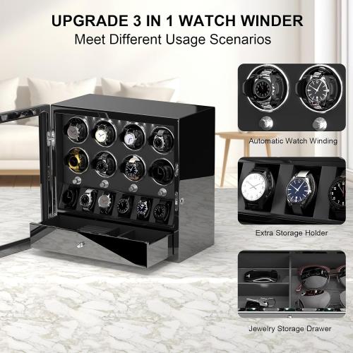 DUKWIN Watch Winder for 4/6/8 Automatic Watches, Lockable Winders with Watch Holders and Jewelry Storage, Super Quiet Motor with High-Gloss Finish, Built-in Illumination